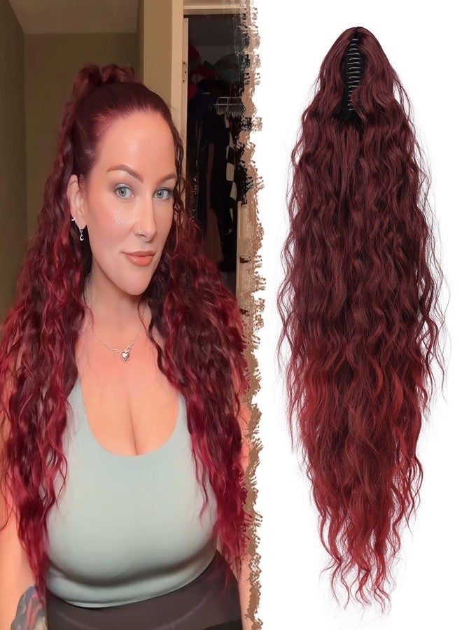 FESHFEN Claw Clip Ponytail Extensions - Long Pony Tail Hair Piece Wavy Curly Synthetic Hairpieces for Women, Black Ombre Red 26 inch - Image 1